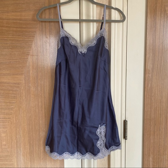 Victoria's Secret Other - Victoria’s Secret Gunmetal Blue Satin Slip with Ice Blue Lace Trim